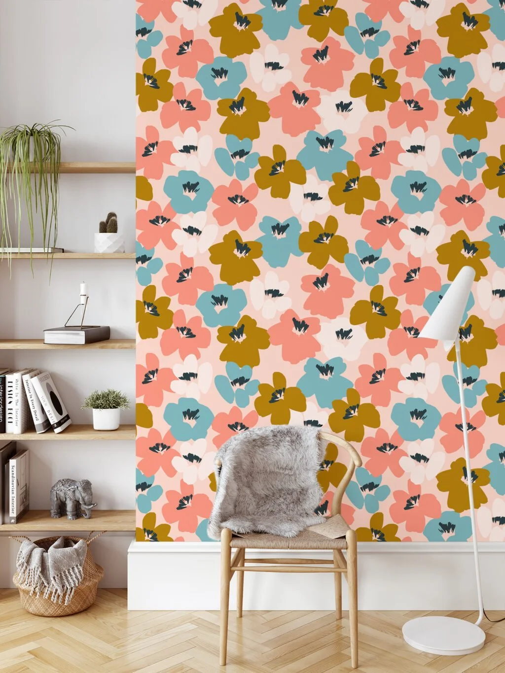 Abstract Peachy Pink Flat Art Flowers Illustration Wallpaper, Modern Autumn Floral Peel & Stick Wall Mural