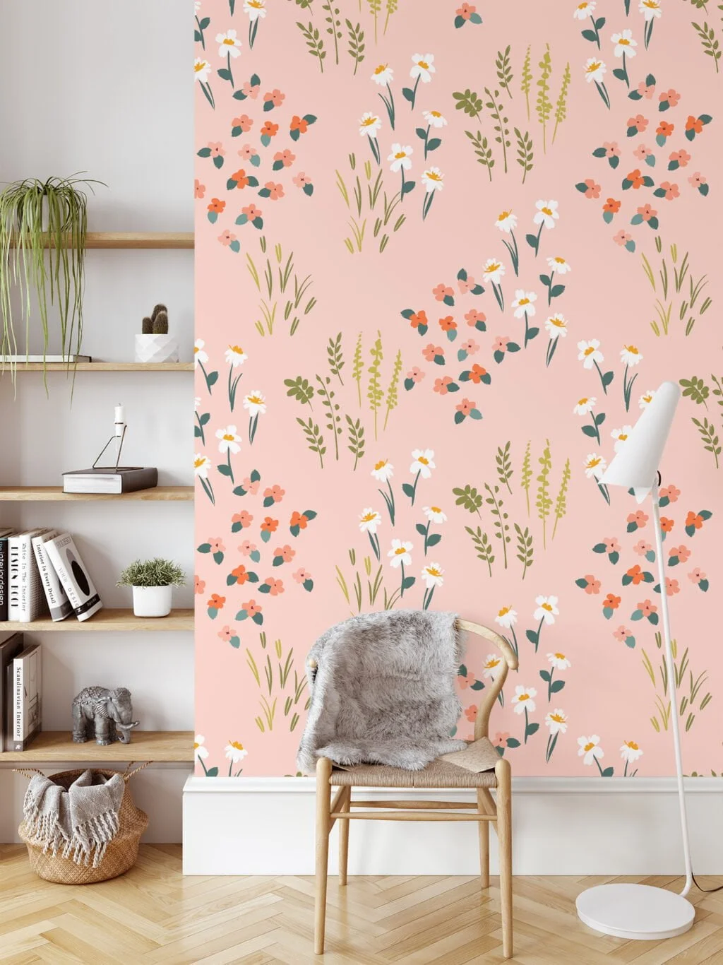 Pastel Peach Pink Flat Art Flowers Illustration Wallpaper, Delicate Wildflowers Peel & Stick Wall Mural