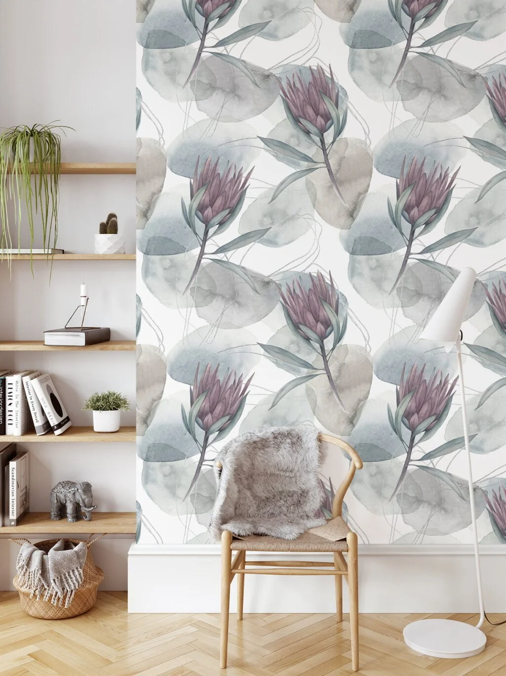 Muted Watercolor Style Flower Illustration Wallpaper, Elegant Botanical Peel & Stick Wall Mural