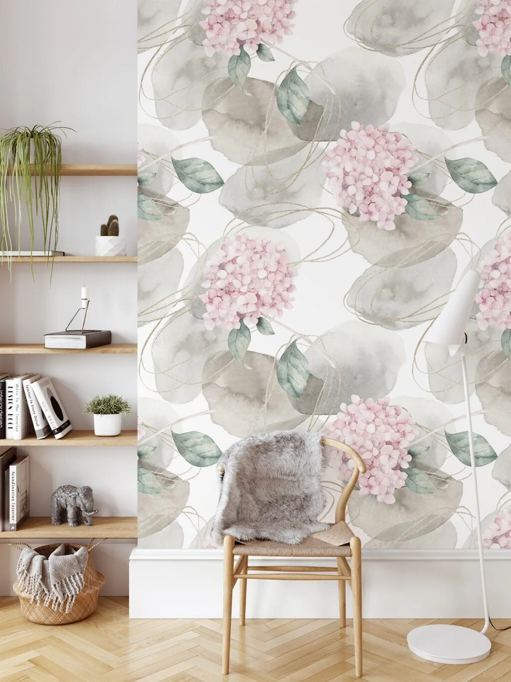 Watercolor Style Pink Flowers Illustration Wallpaper, Elegant Hydrangea Peel & Stick Wall Mural