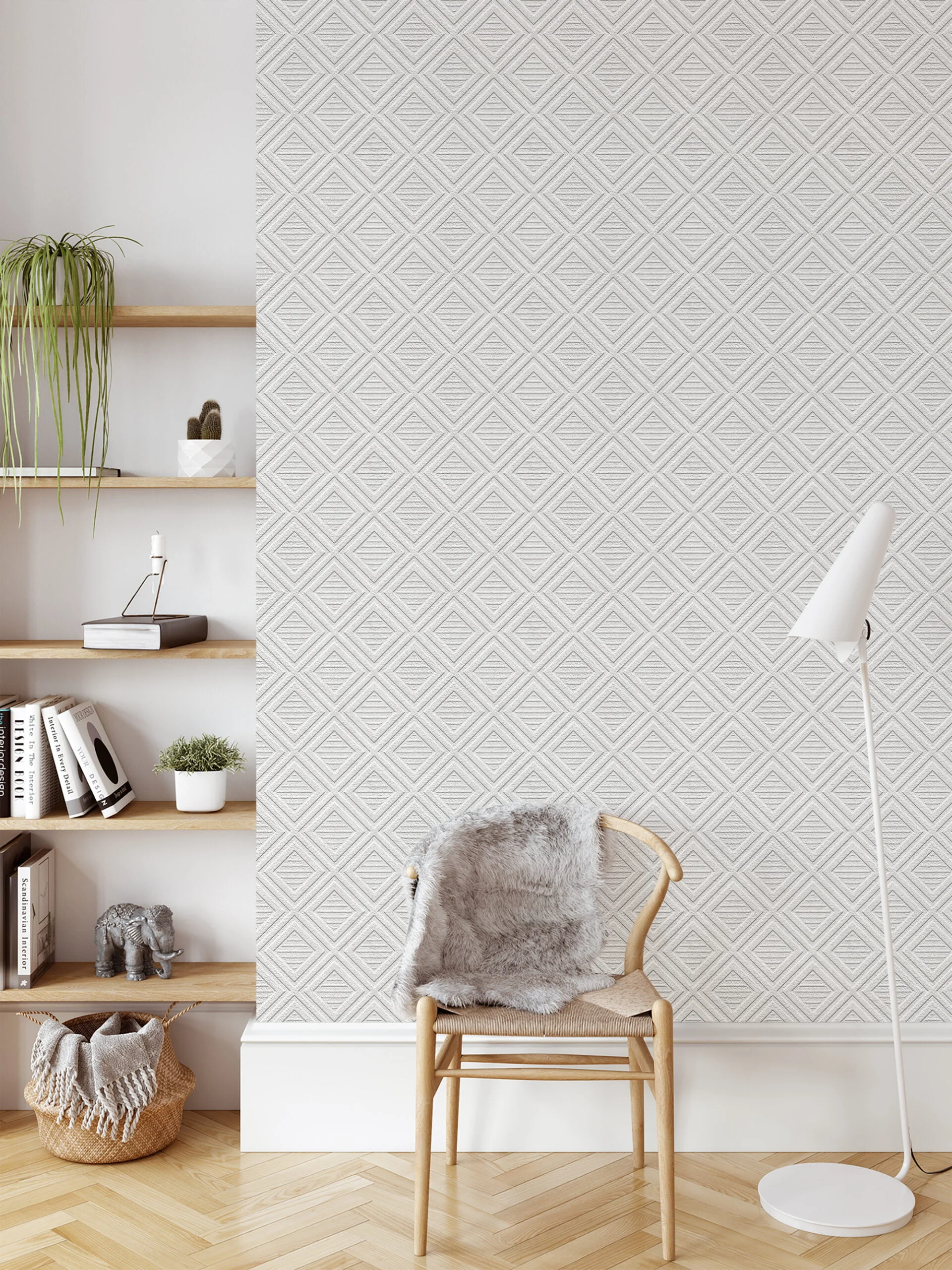 Geometric Diamond Shaped Illustration Wallpaper, Textured Faux Effect Peel & Stick Wall Mural