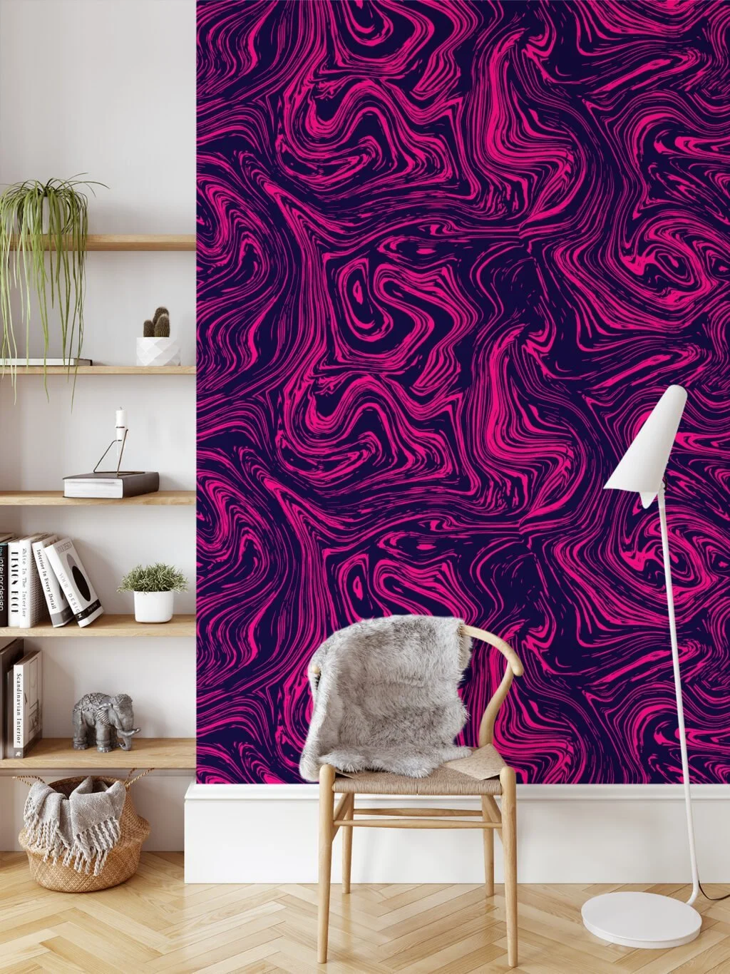 Hot Pink And Dark Purple Abstract Swirls Illustration Wallpaper, Luxurious Abstract Ink Design Peel & Stick Wall Mural