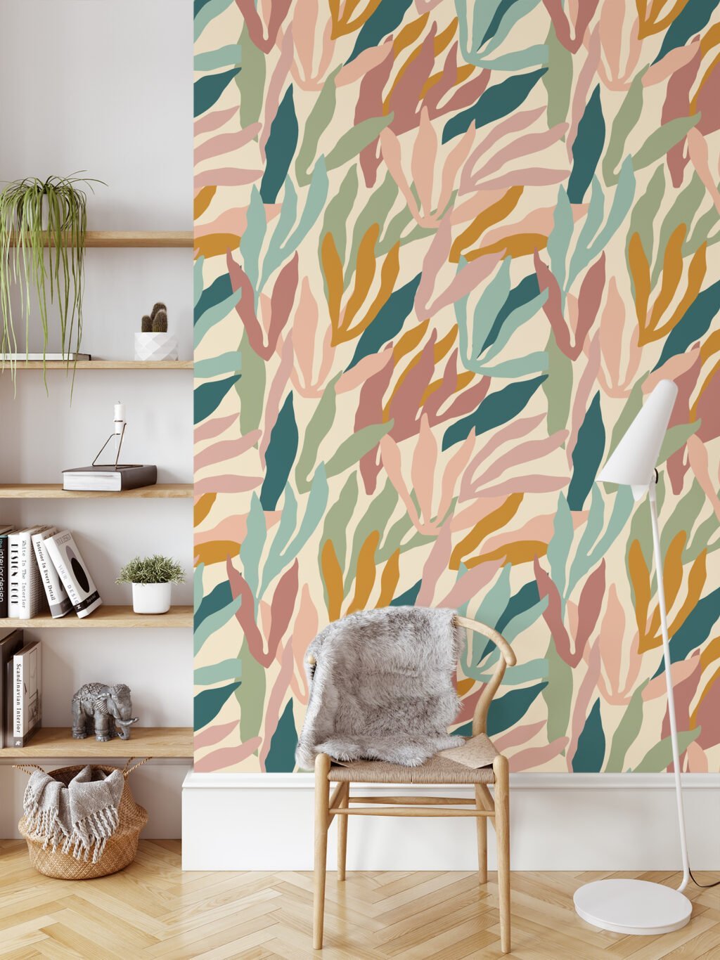 Botanical Colorful Large Abstract Leaves Illustration Wallpaper, Soft Abstract Design Peel & Stick Wall Mural