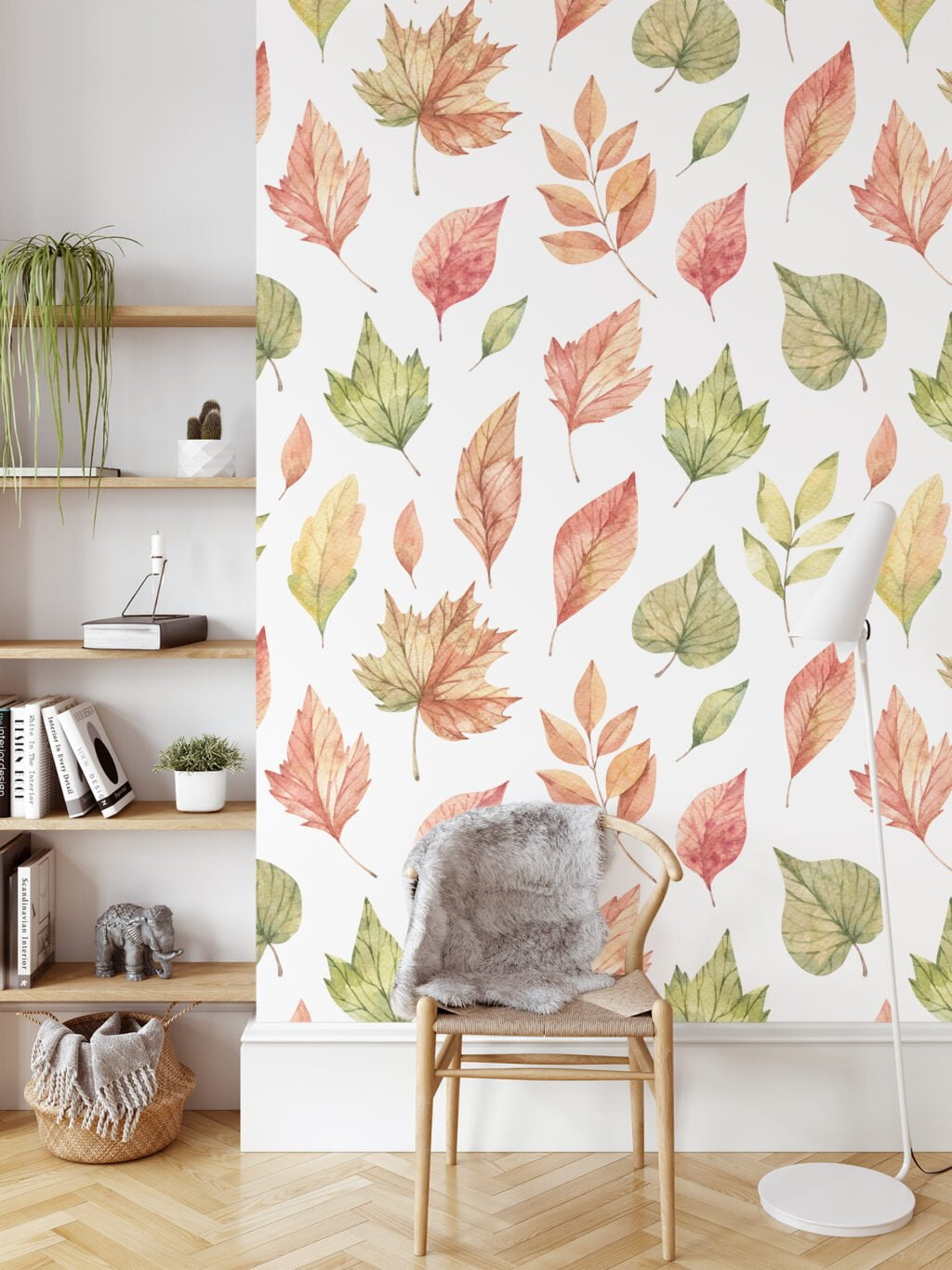 Watercolor Fall Themed Leaves Illustration Wallpaper, Autumn Nature Design Peel & Stick Wall Mural