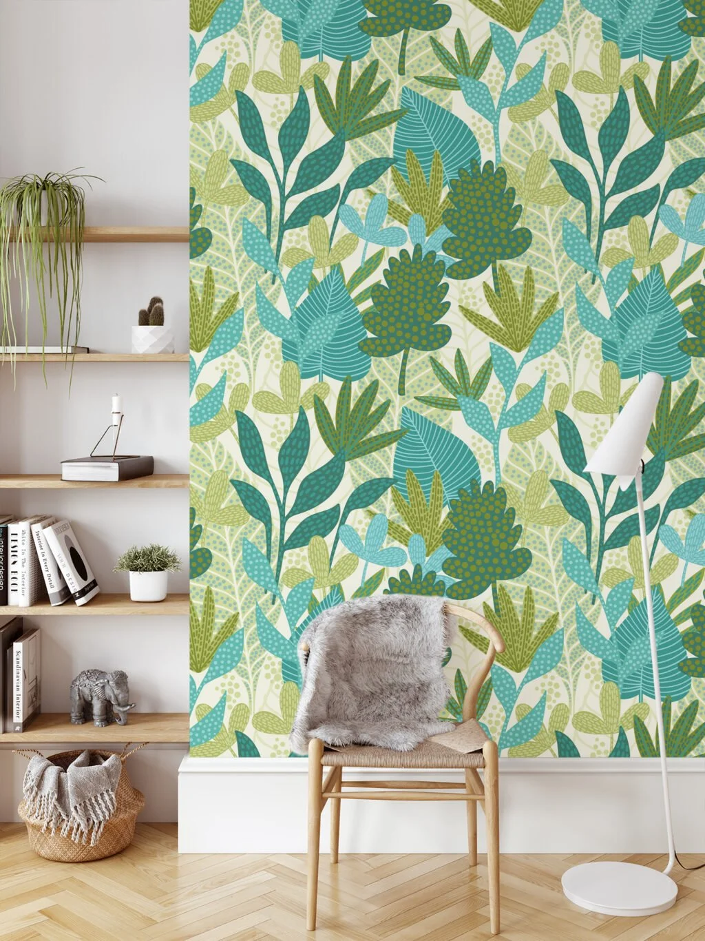 Tropical Abstract Green Leaves Illustration Wallpaper, Botanical Nature Peel & Stick Wall Mural