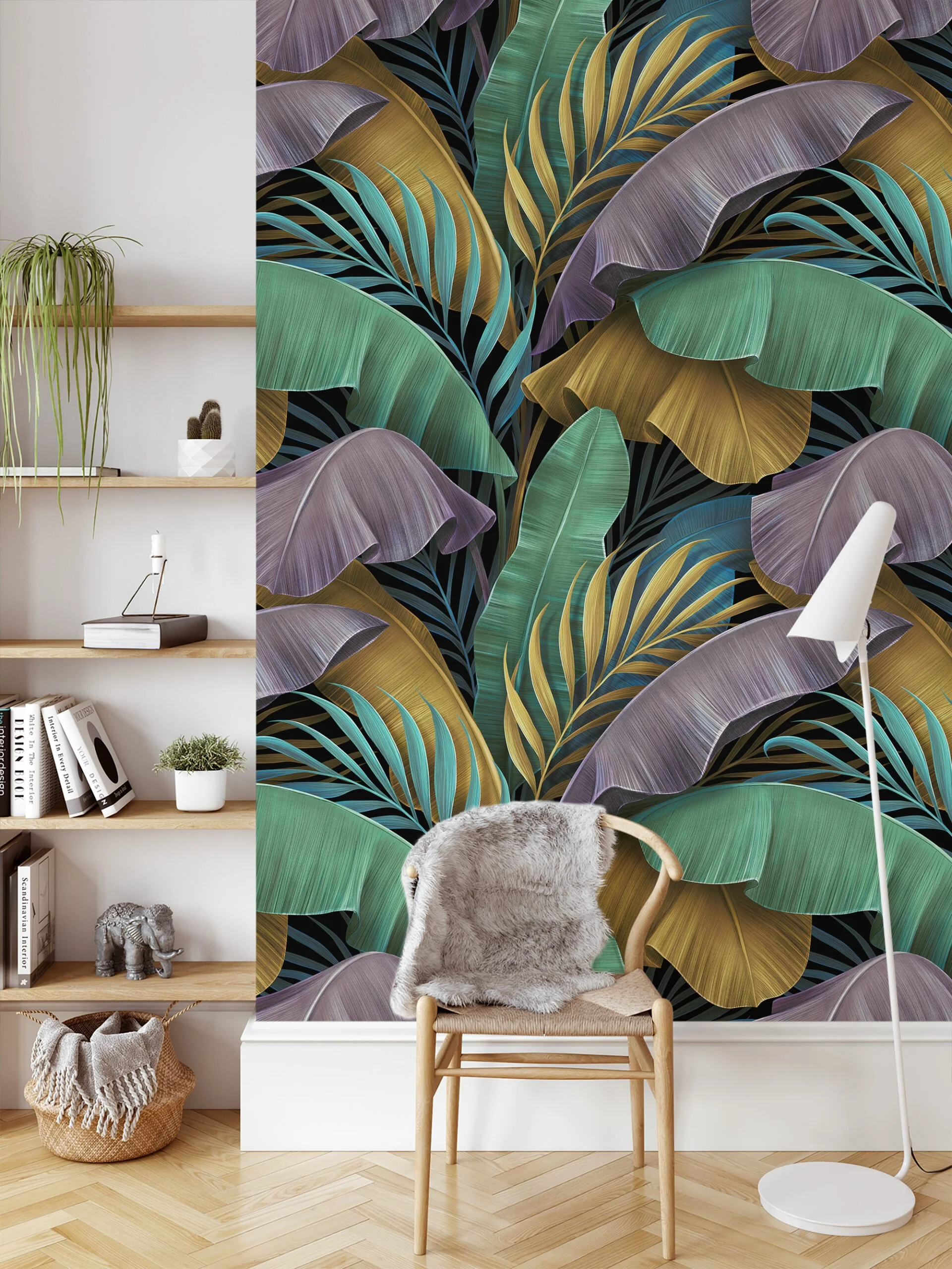 Large Colorful Tropical Leaves With A Dark Background Wallpaper, Luxe 3D Tropical Peel & Stick Wall Mural