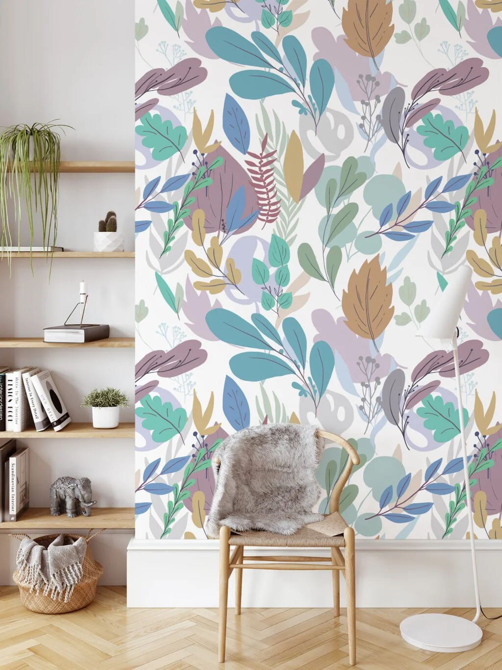 Flat Art Leaves And Branches Illustration Wallpaper, Soft Pastel Leaves Peel & Stick Wall Mural