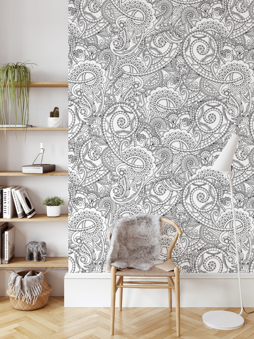 Black Paisley Line Art Design Wallpaper, Monochrome Elegant Paisley Peel & Stick Wall Mural