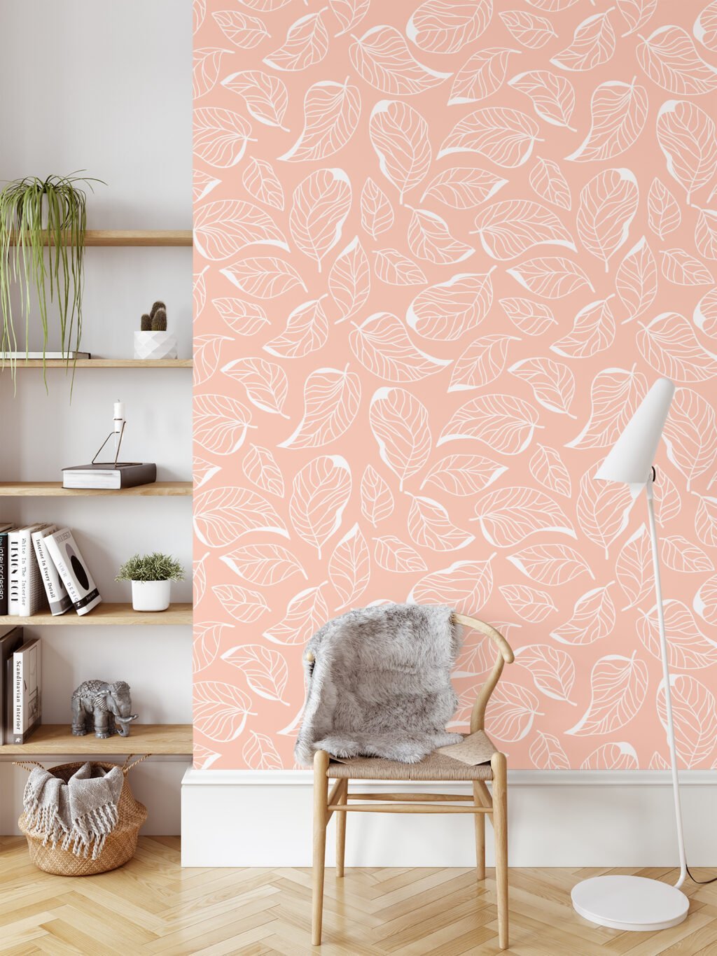 White Leaves Line Art With A Peach Background Illustration Wallpaper, Subtle Elegance Leaf Peel & Stick Wall Mural