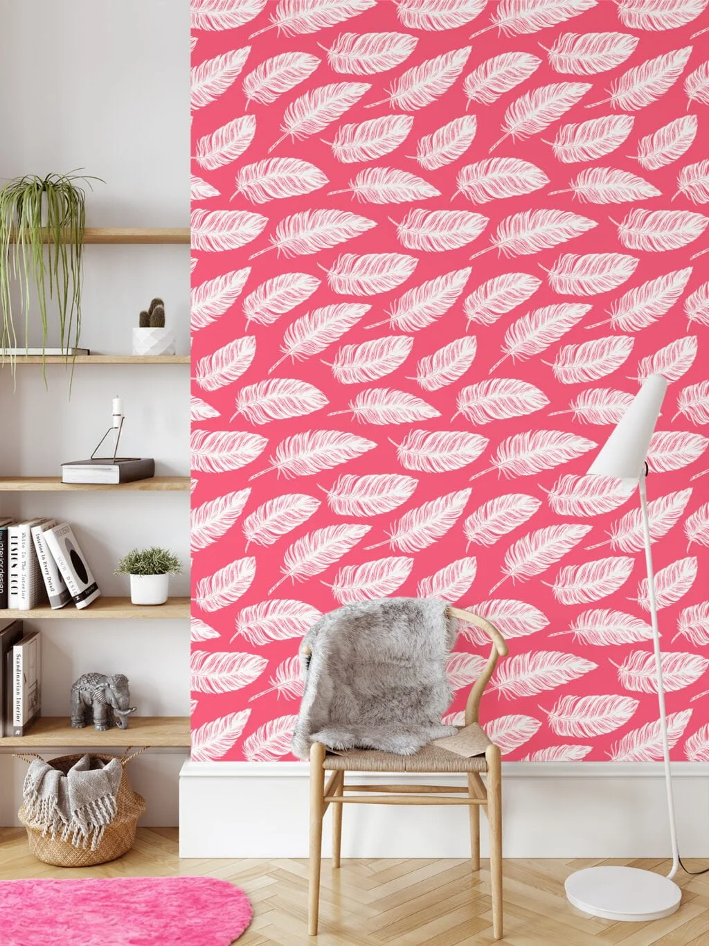 White Feathers Pattern Line Art With A Punch Pink Background Wallpaper, Contemporary Peel & Stick Wall Mural