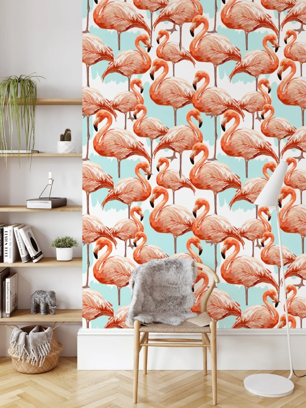 Elegant Abstract Flamingos Pattern Wallpaper, Tropical Pink Peel & Stick Wall Mural