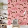 Flat Art Pink Tropical Trees With Tigers Illustration Wallpaper, Whimsical Kids Tropical Peel & Stick Wall Mural