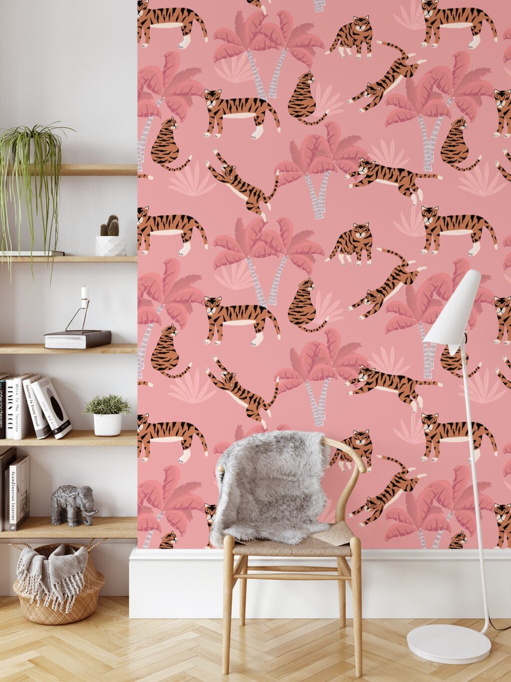 Flat Art Pink Tropical Trees With Tigers Illustration Wallpaper, Whimsical Kids Tropical Peel & Stick Wall Mural