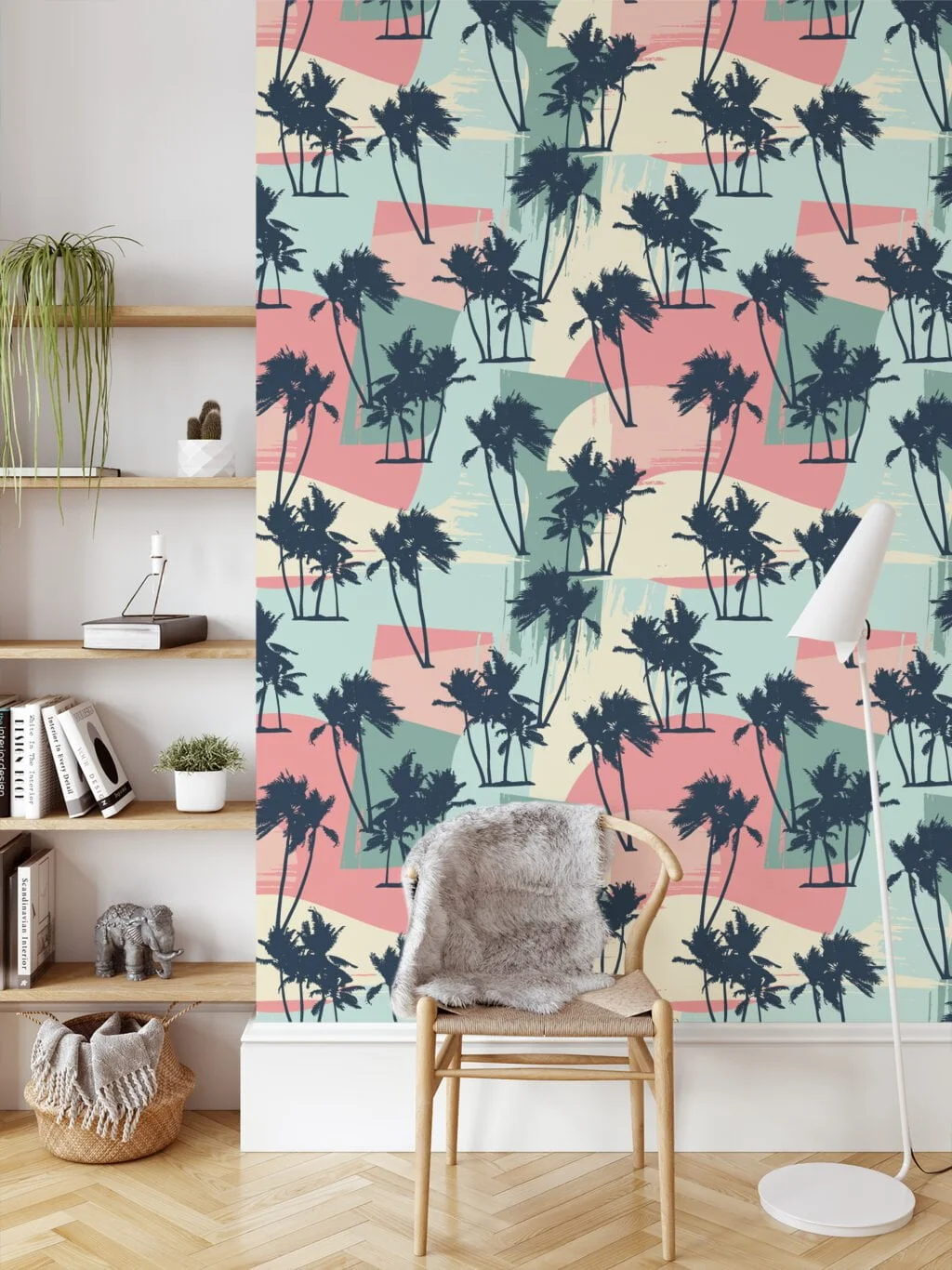 Abstract Retro Colored Tropical Illustration Wallpaper, Tropical Palm Silhouette Peel & Stick Wall Mural