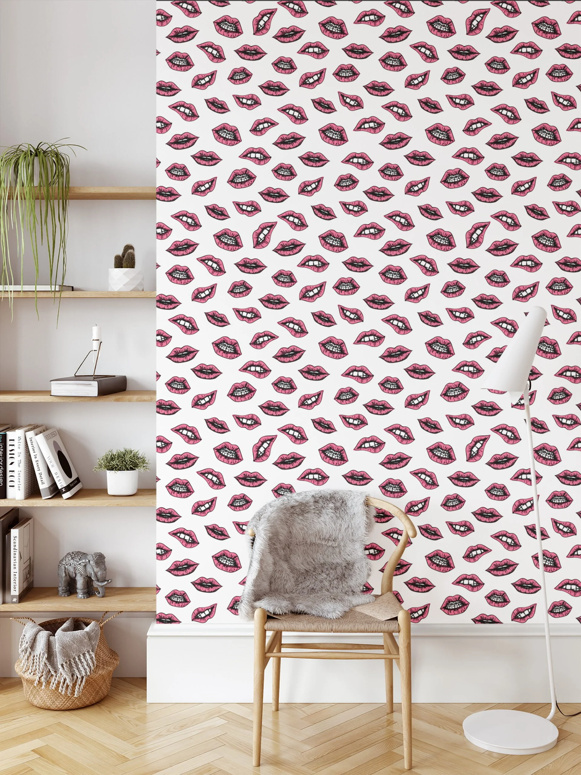 Retro Cartoon Mouths Illustration Wallpaper, Pink Lips Pattern Wallpaper, Line Art Kisses Peel and Stick Wall Mural