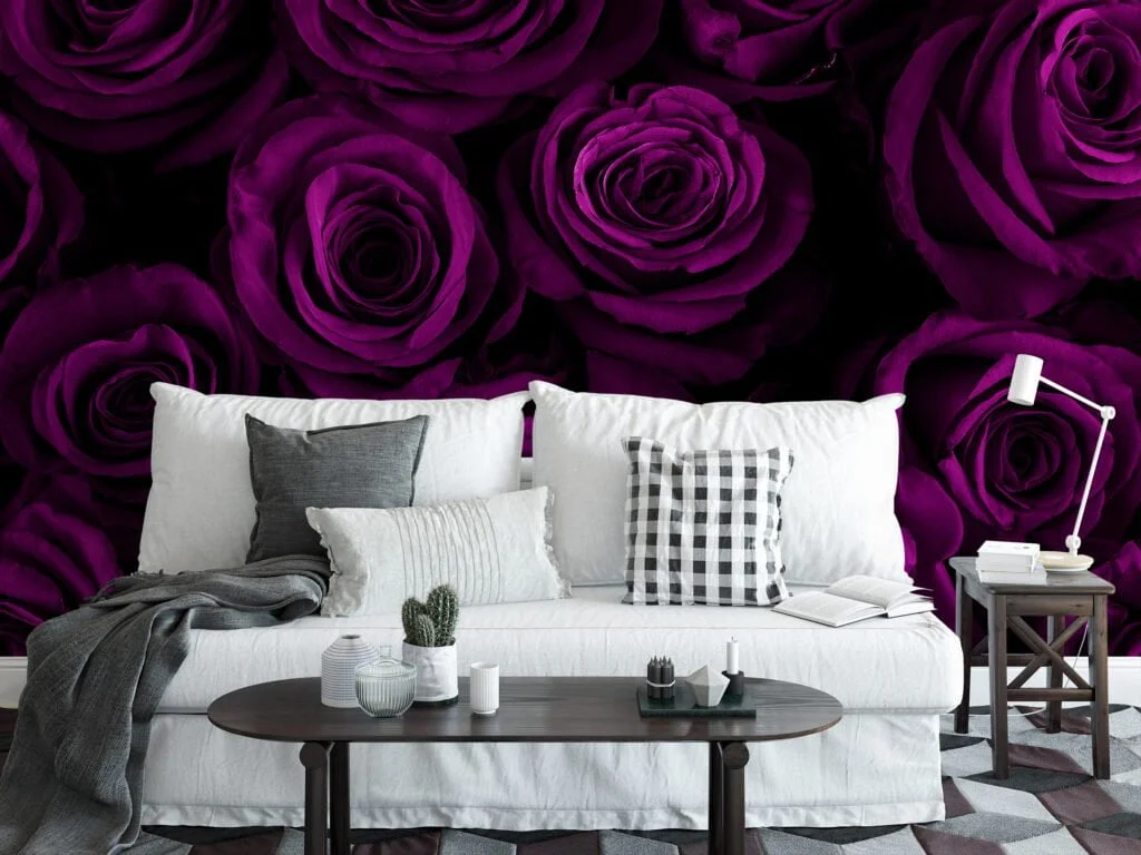 Floral Deep Purple Roses Wallpaper, Midnight Velvet Roses Peel & Stick Wall Mural