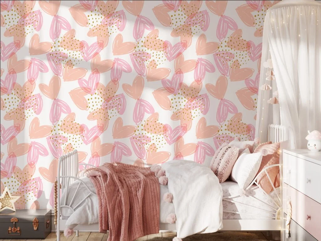 Pastel Peach Pink Hearts Drawing Illustration Wallpaper, Speckled Modern Design Peel & Stick Wall Mural