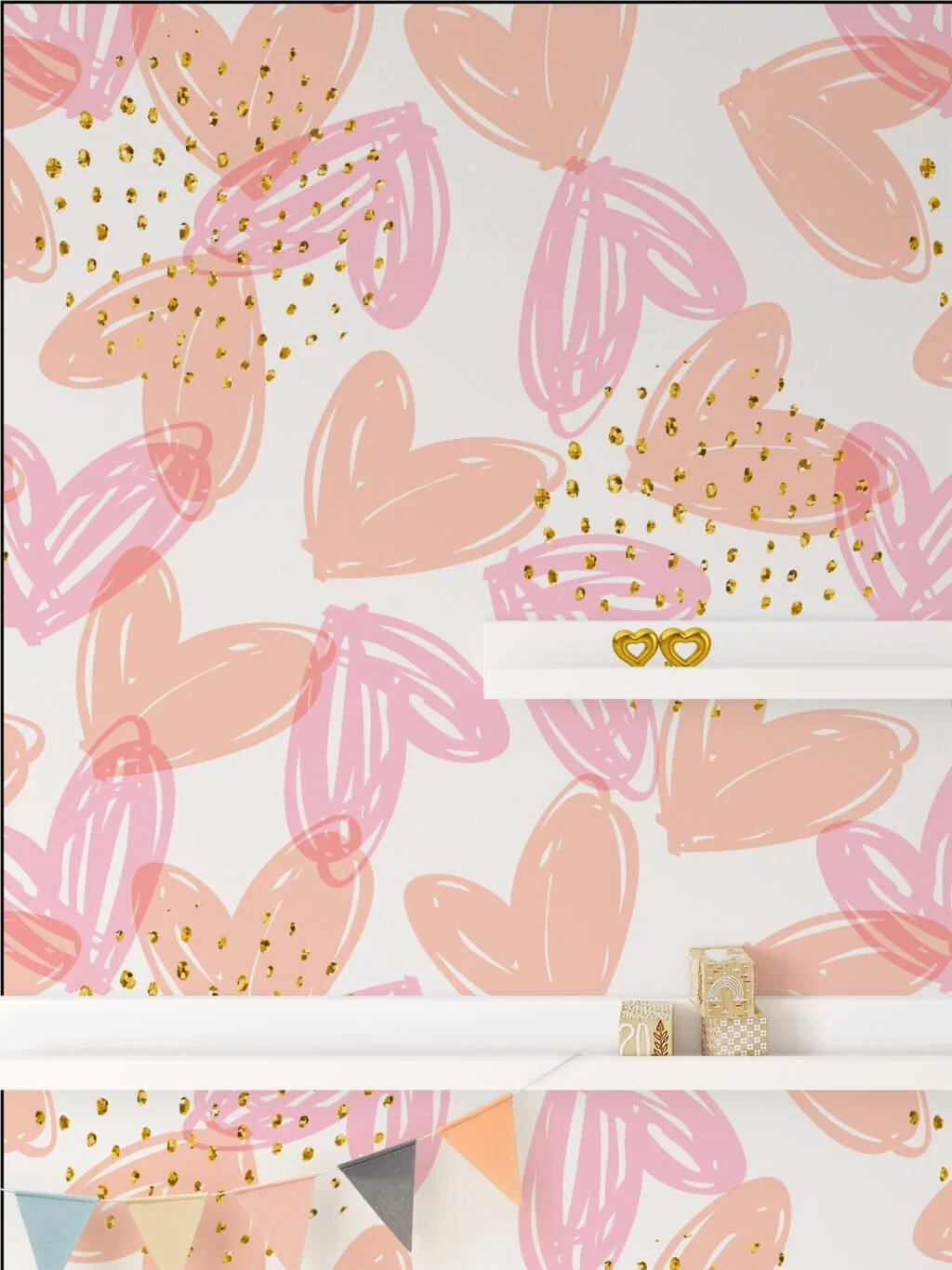Pastel Peach Pink Hearts Drawing Illustration Wallpaper, Speckled Modern Design Peel & Stick Wall Mural