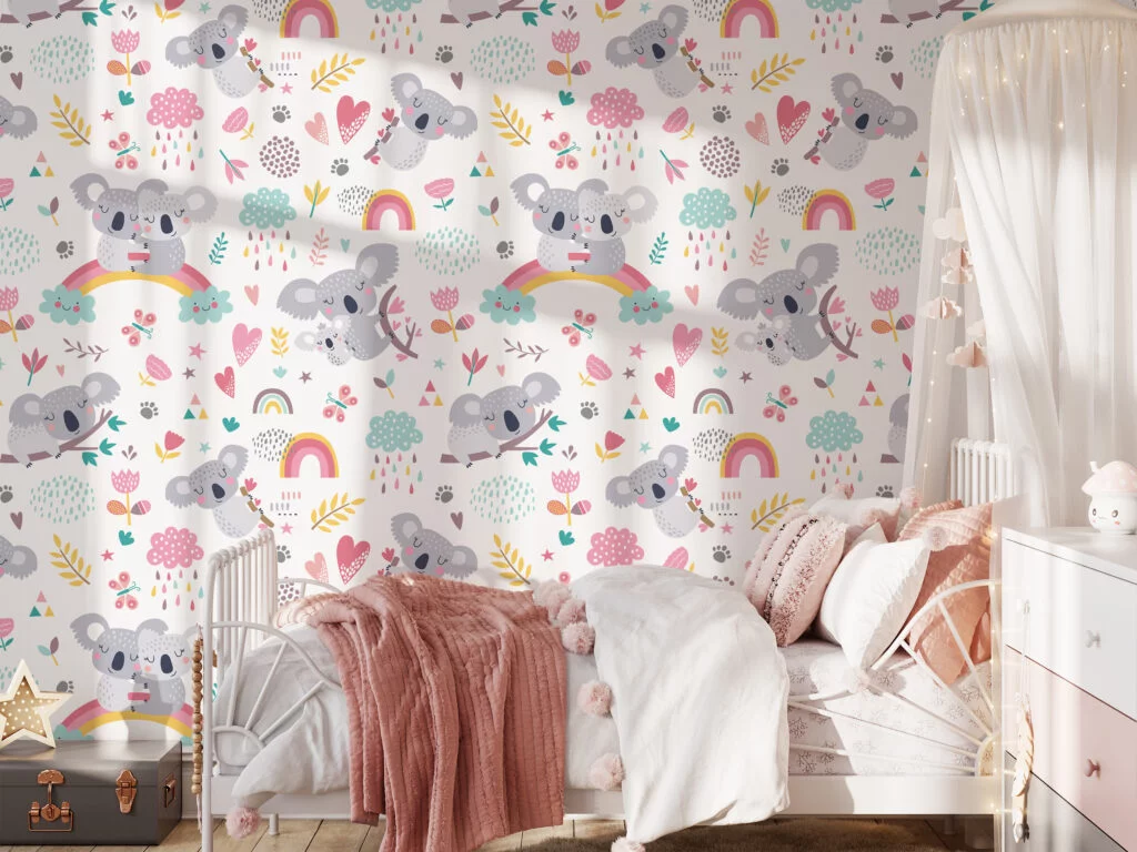 Nursery Cute Flat Art Koala Design Illustration Wallpaper, Enchanting Koala Peel & Stick Wall Mural