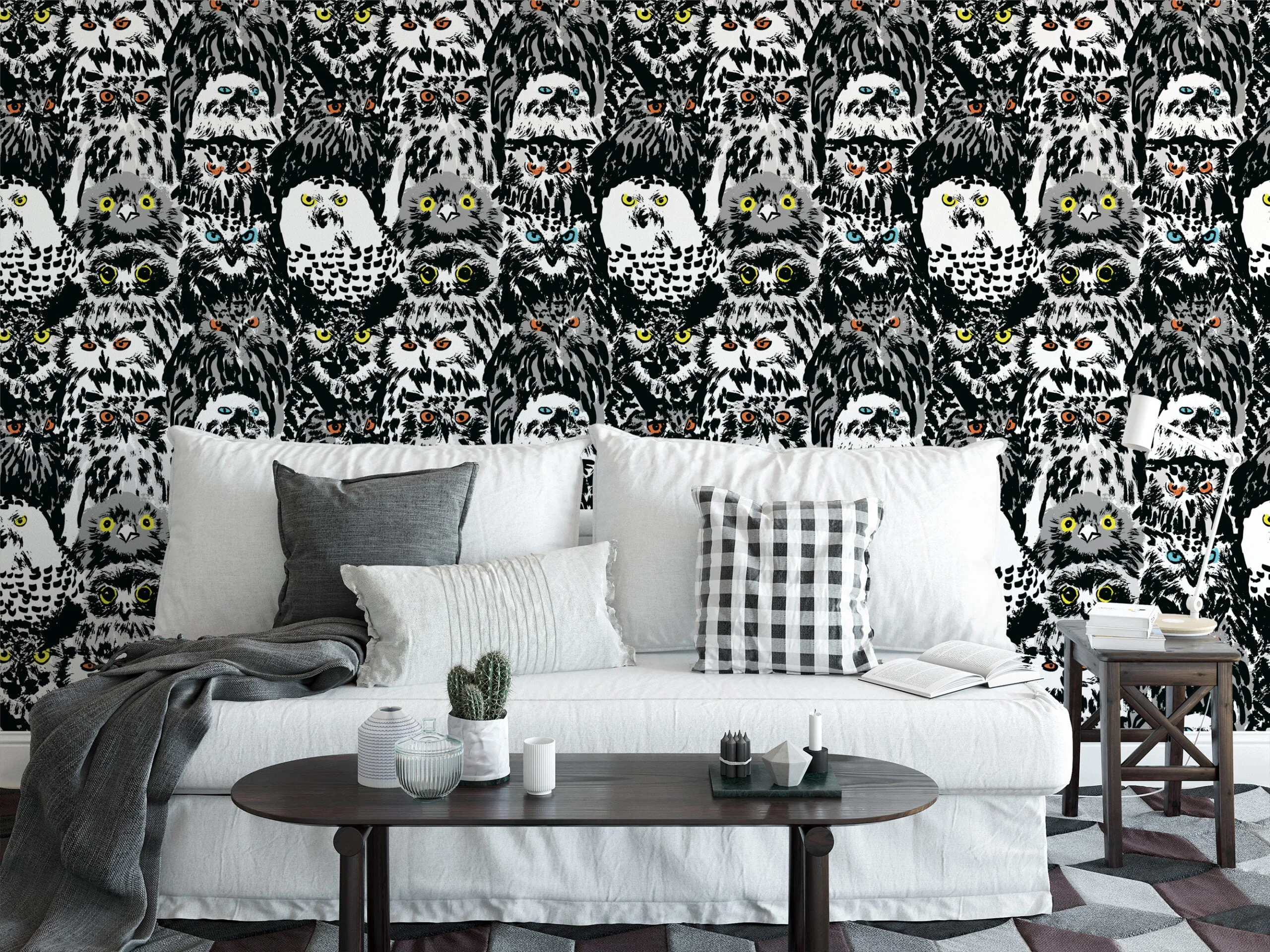 Abstract Grudge Owl Birds Pattern Illustration Wallpaper, Monochrome Bird Art Peel & Stick Wall Mural