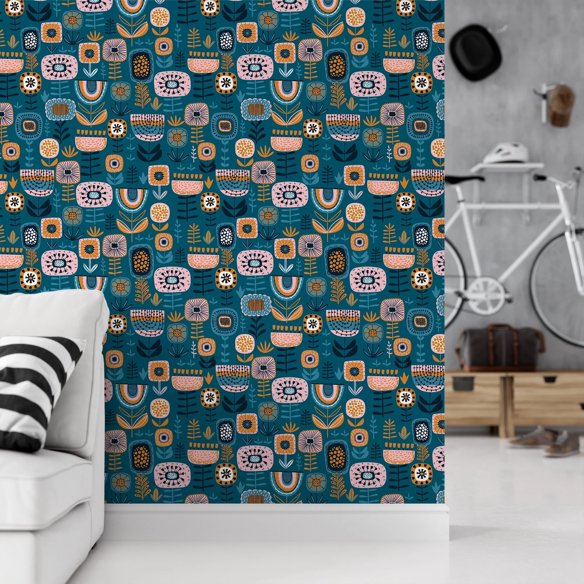Folk Art Abstract Flower Design Illustration Wallpaper, Abstract Garden Pattern Peel & Stick Wall Mural