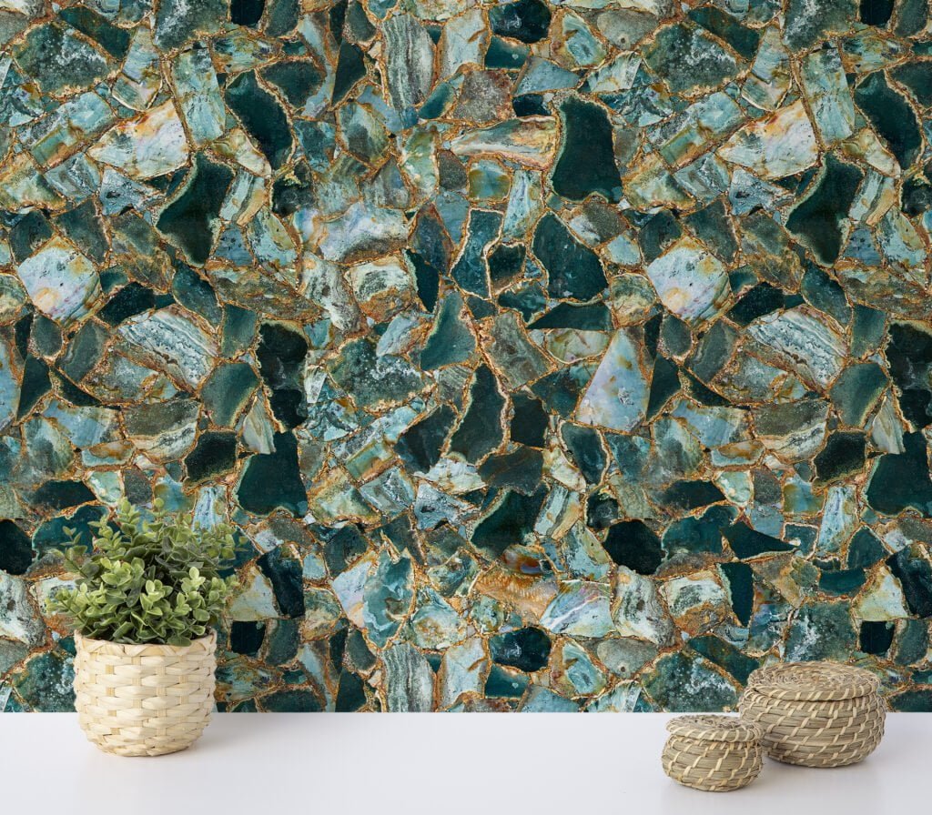 Emerald Green Cracked Stone Texture Wallpaper, Luxe Gold Accented Marble Design Peel & Stick Wall Mural
