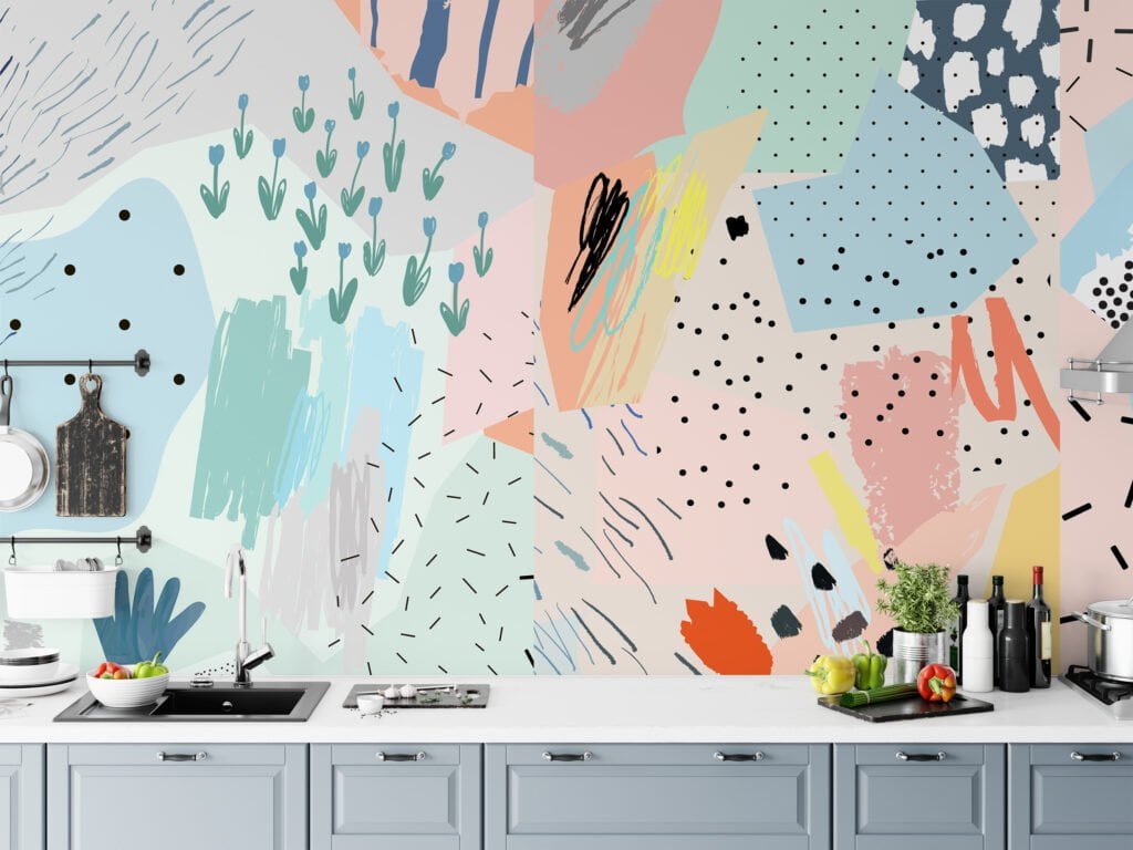 Abstract Brush Srokes and Shapes With Pastel Colors Wallpaper, Pastel Geometric Shapes and Textures Peel & Stick Wall Mural