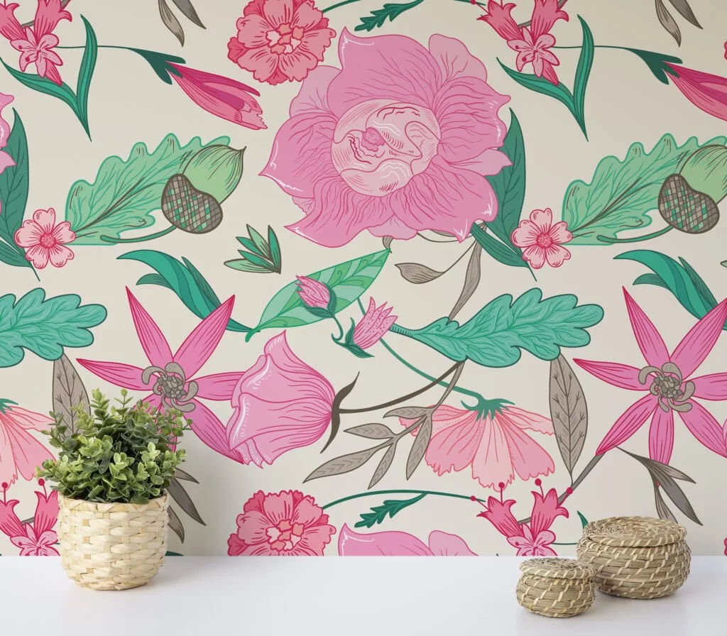 Pink Floral Paisley Style Wallpaper, Pink and Green Blossom Design Peel & Stick Wall Mural