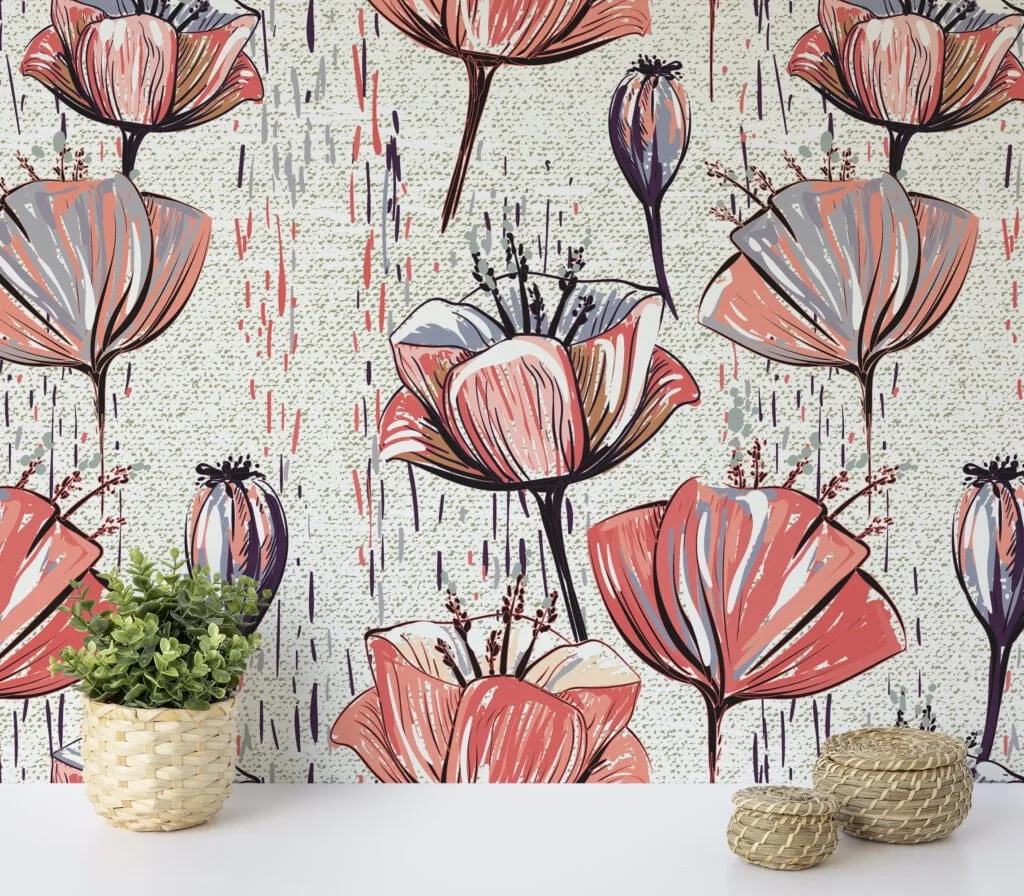 Flower Illustration Wallpaper, Abstract Floral Tulip Sketch Peel & Stick Wall Mural