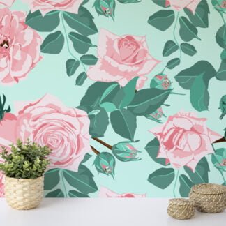 Flat Art Pastel Pink Green Roses Illustration Wallpaper, Soft Pink Blooms Peel & Stick Wall Mural
