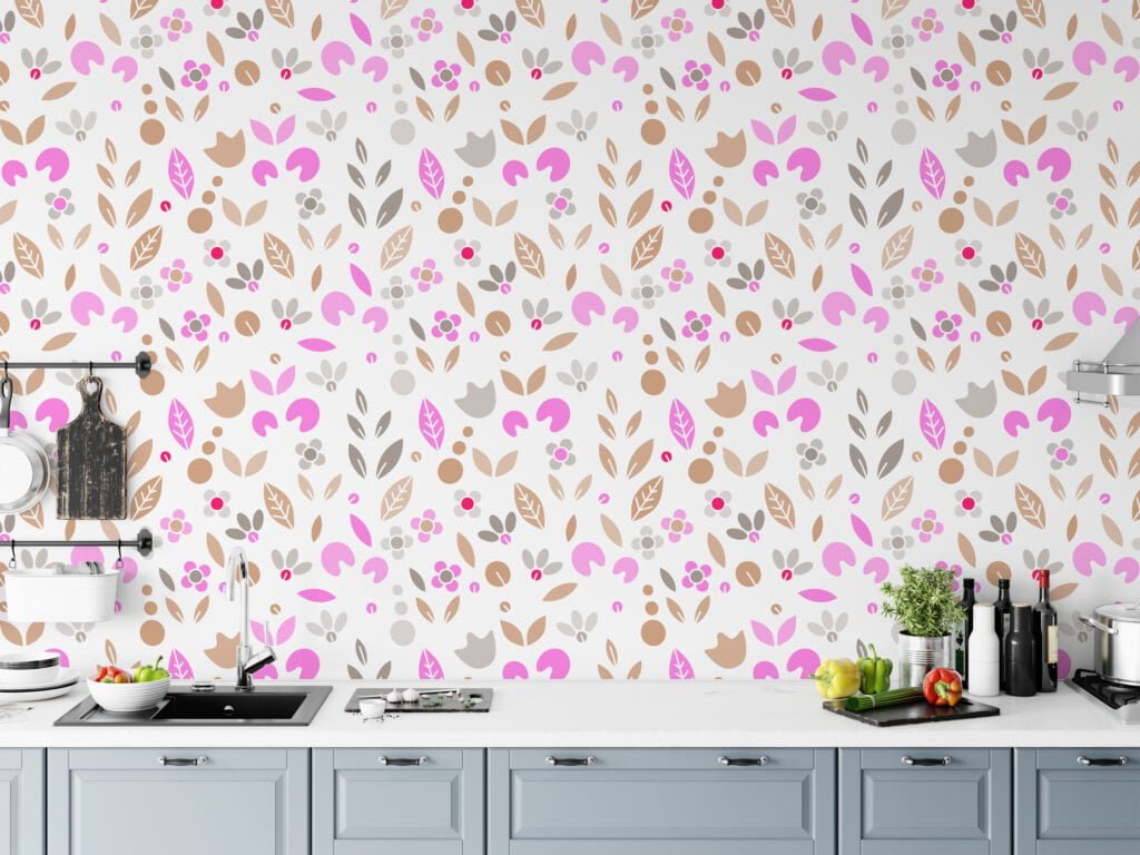 Flat Art Abstract Leaf Shapes Wallpaper, Modern Pink & Brown Nature Design Peel & Stick Wall Mural