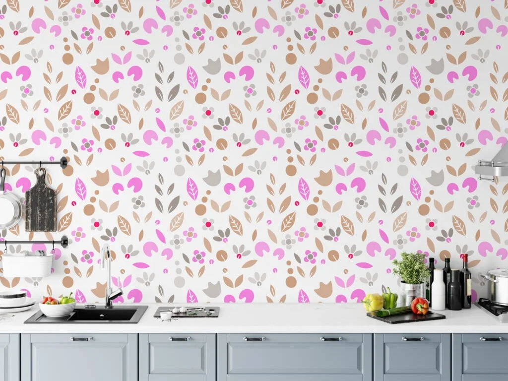 Flat Art Abstract Leaf Shapes Wallpaper, Modern Pink & Brown Nature Design Peel & Stick Wall Mural