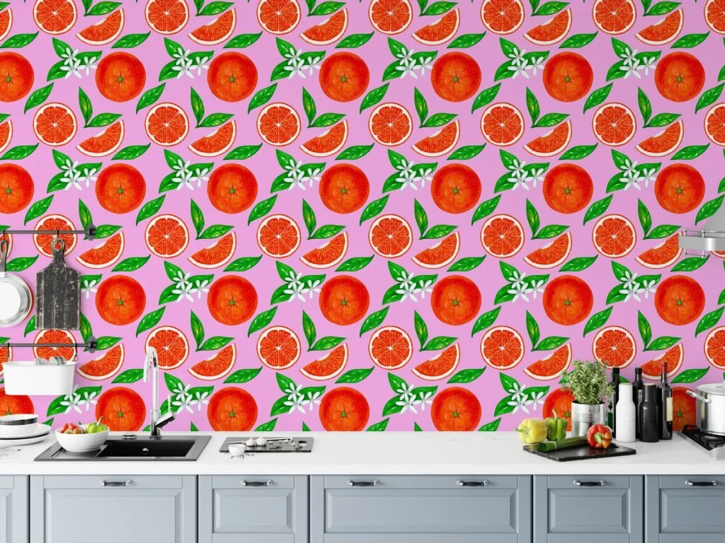 Bright Colored Oranges Drawing With Pink Background Wallpaper, Blooming Orange Citrus Peel & Stick Wall Mural