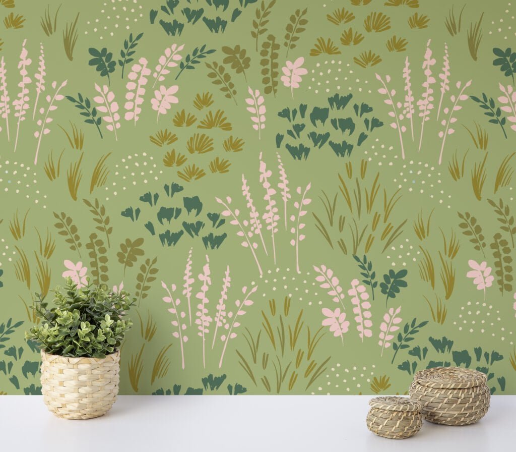 Green Flat Art Flowers And Leaves Illustration Wallpaper, Gentle Green Garden Peel & Stick Wall Mural