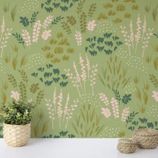 Green Flat Art Flowers And Leaves Illustration Wallpaper, Gentle Green Garden Peel & Stick Wall Mural