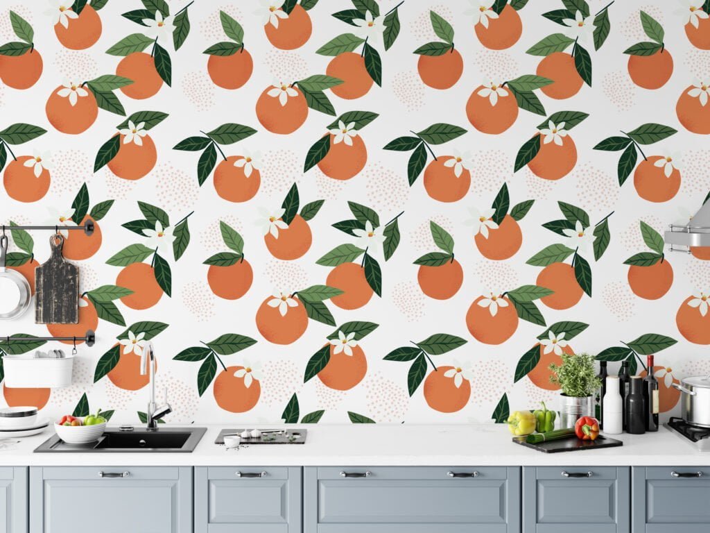 Flat Art Oranges Illustration Wallpaper, Bright Orange and Lush Green Peel & Stick Wall Mural