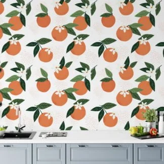 Flat Art Oranges Illustration Wallpaper, Bright Orange and Lush Green Peel & Stick Wall Mural