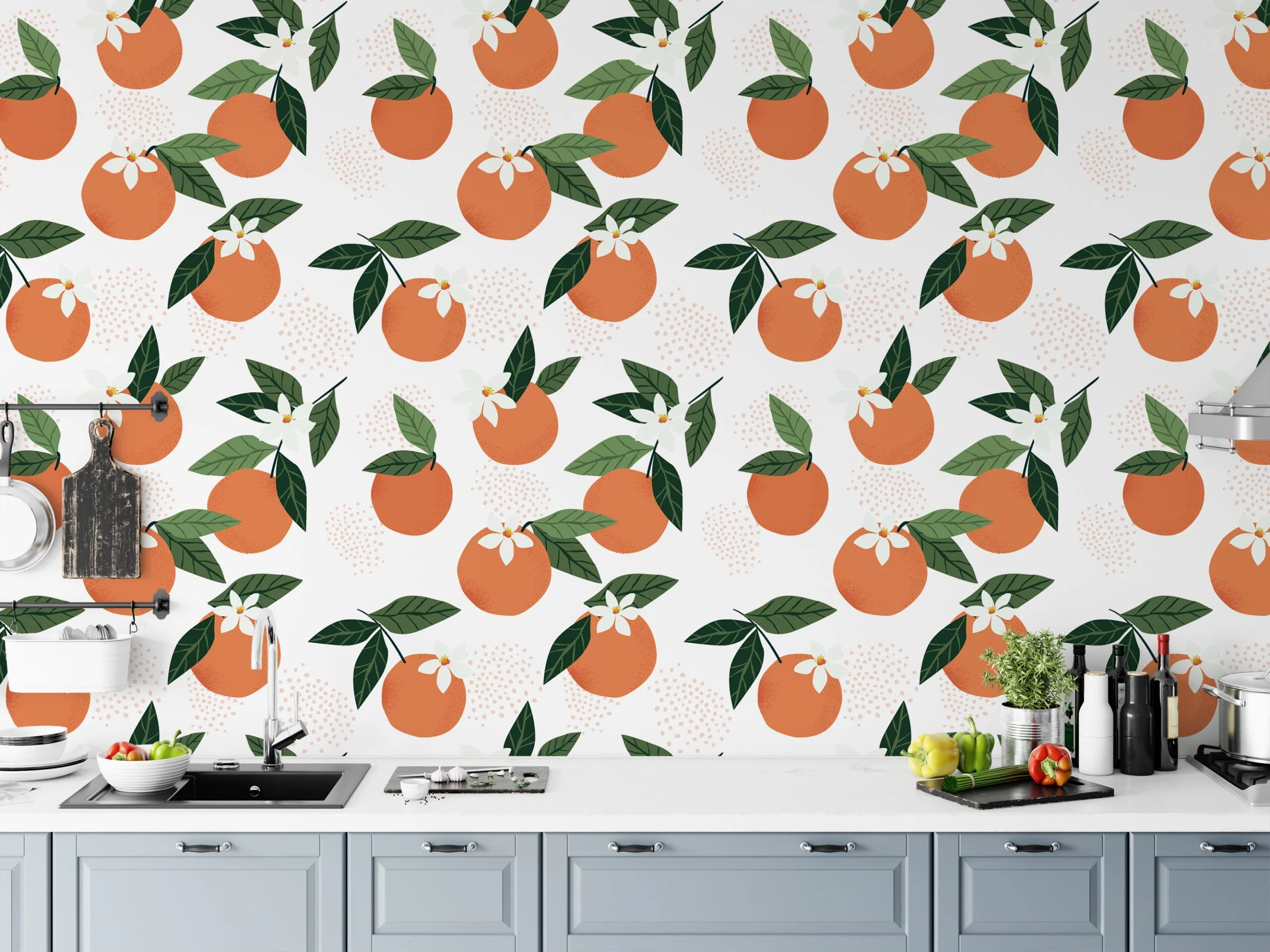 Flat Art Oranges Illustration Wallpaper, Bright Orange and Lush Green Peel & Stick Wall Mural