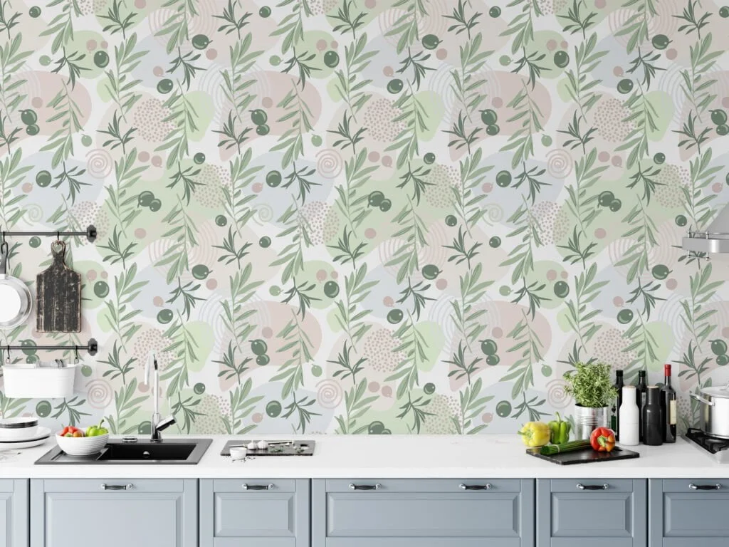 Flat Art Green Olive Branches Design Wallpaper, Soft Olive Garden Peel & Stick Wall Mural