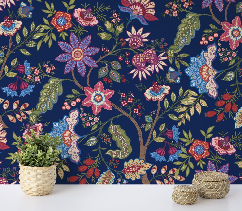 Colorful Floral Paisley Illustration Wallpaper, Opulent Navy Garden Peel & Stick Wall Mural