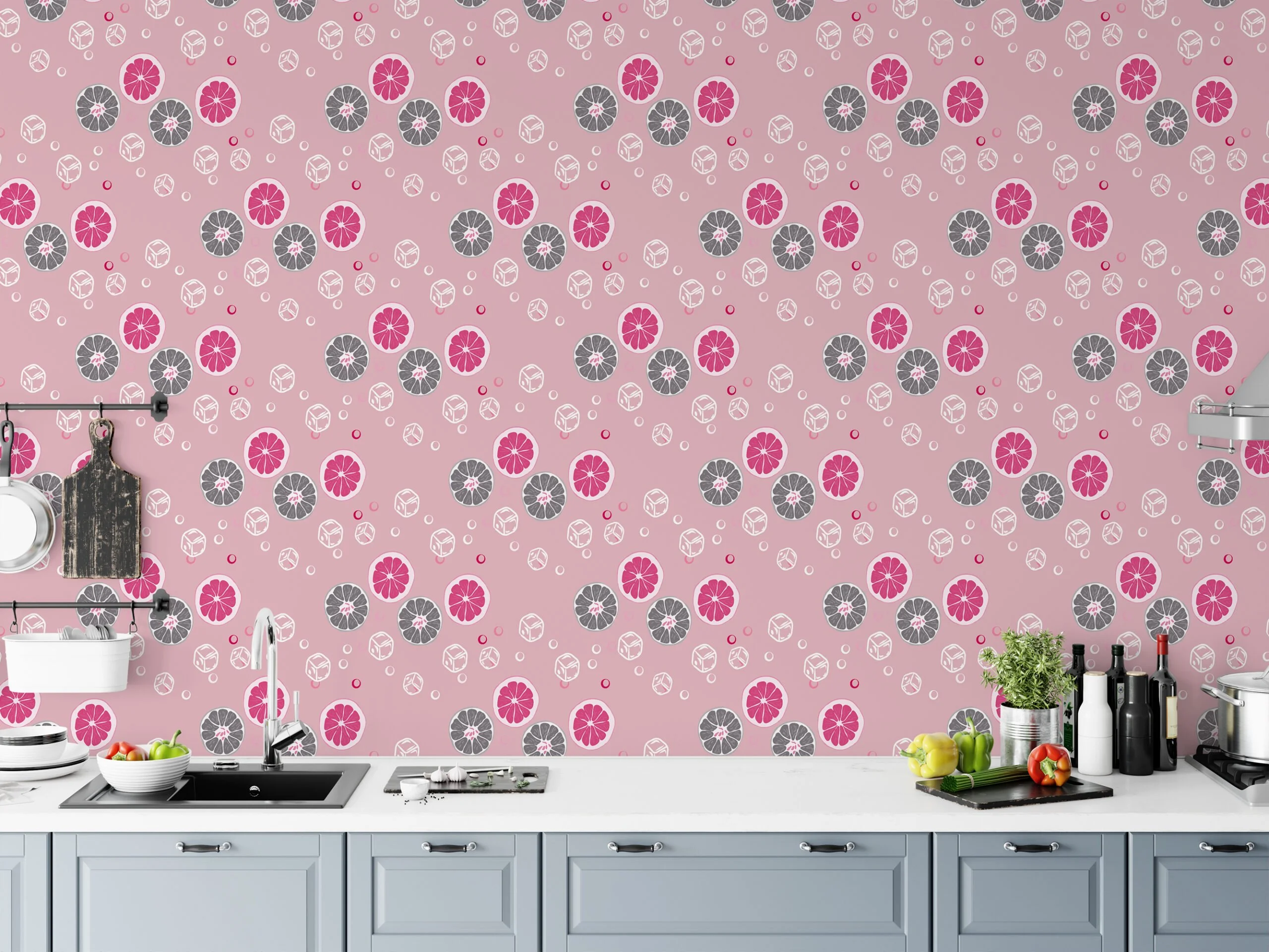 Pink And Grey Citrus Slices With Ice Illustration Wallpaper, Playful Pink Lemonade Peel & Stick Wall Mural