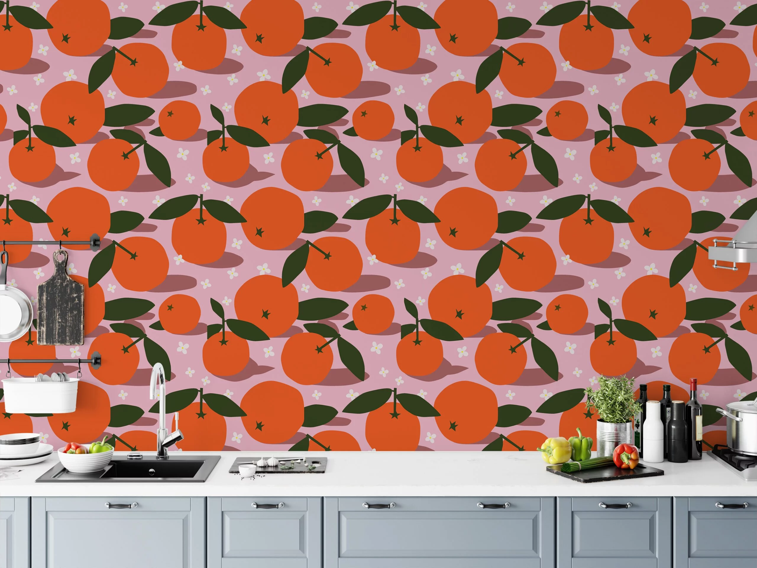 Flat Art Oranges Pattern Illustration Wallpaper, Cheerful Citrus Orchard Peel & Stick Wall Mural