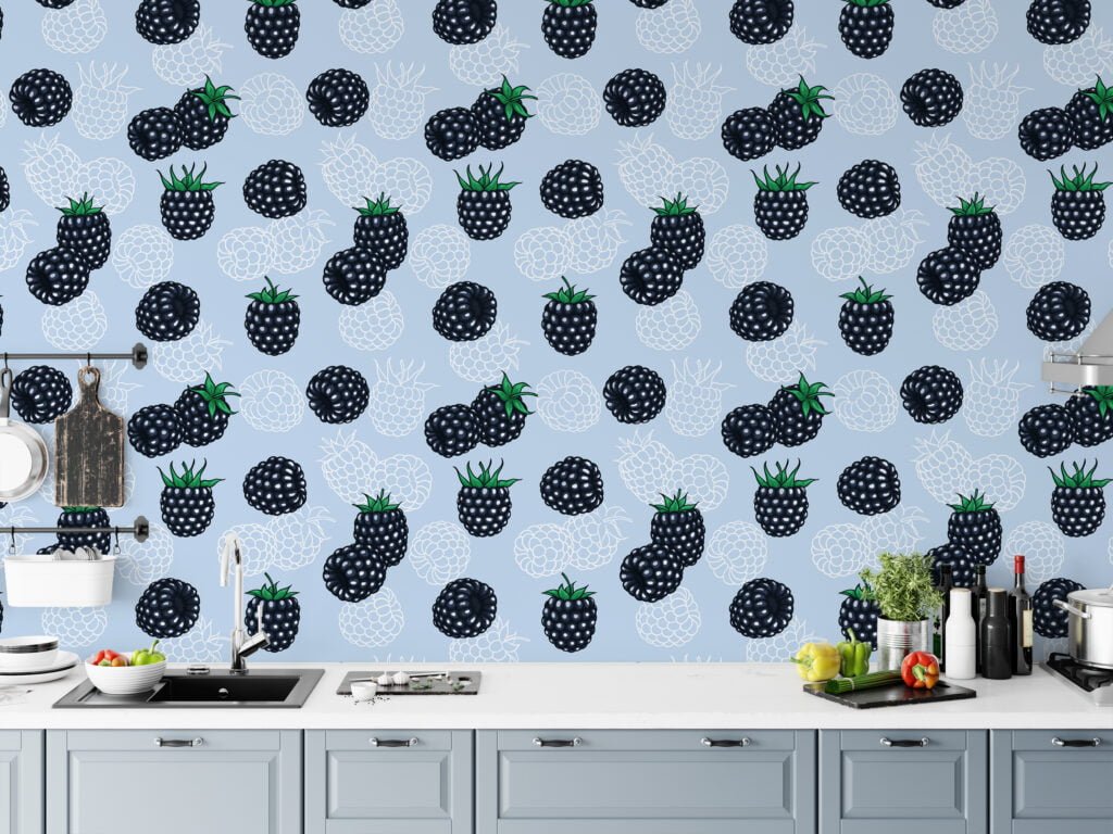 Black Berries Pattern Illustration Wallpaper, Whimsical Berries on Soft Blue Peel & Stick Wall Mural