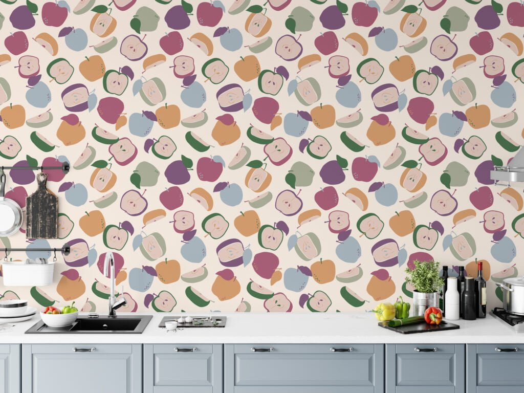 Flat Art Apples And Sliced Apples Illustration Wallpaper, Mixed Fruit Medley Peel & Stick Wall Mural
