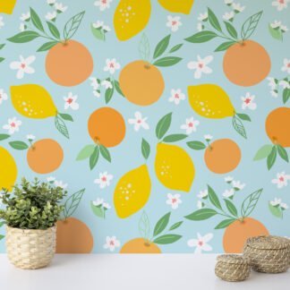 Floral Flat Art Design With Oranges And Lemons Illustration Wallpaper, Sunny Citrus Bloom Peel & Stick Wall Mural