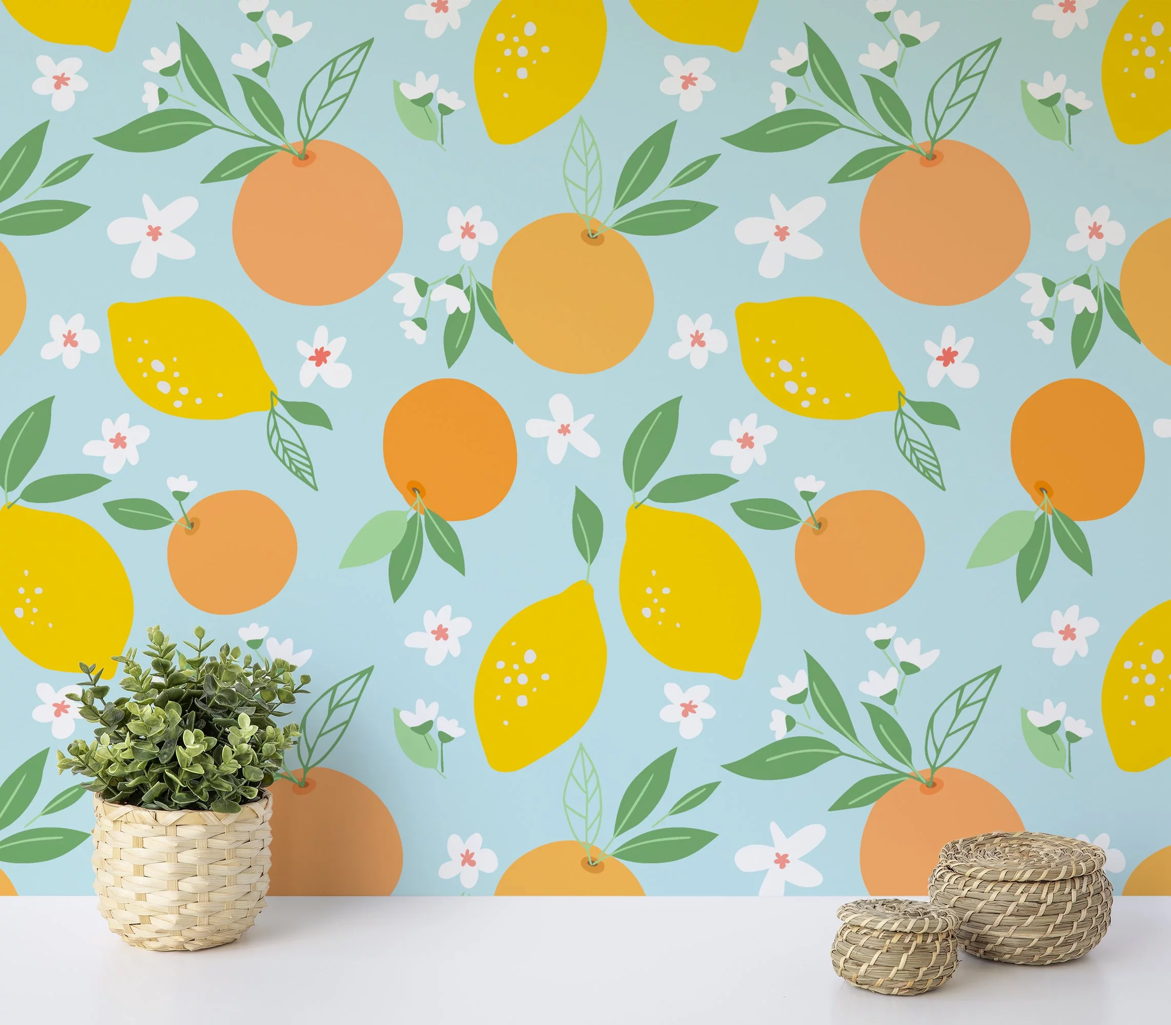 Floral Flat Art Design With Oranges And Lemons Illustration Wallpaper, Sunny Citrus Bloom Peel & Stick Wall Mural