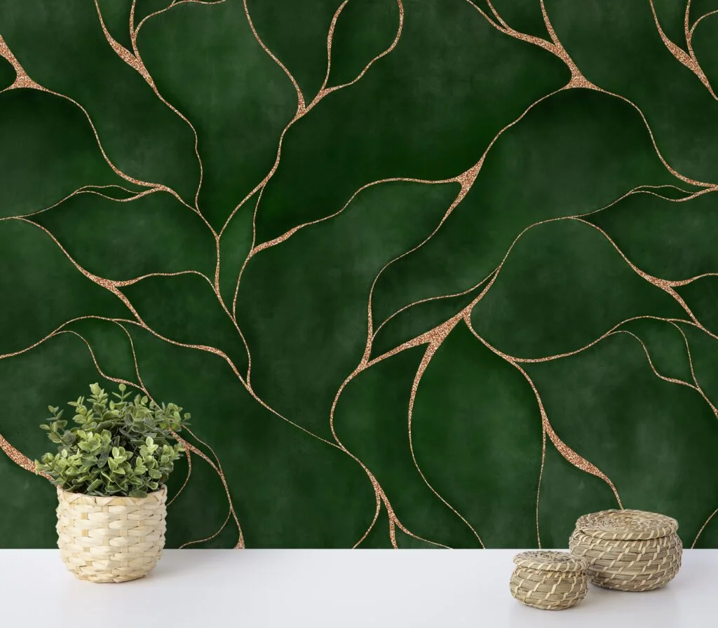 Abstract Green Leaves With Gold Lines Wallpaper, Luxury Emerald Peel & Stick Wall Mural