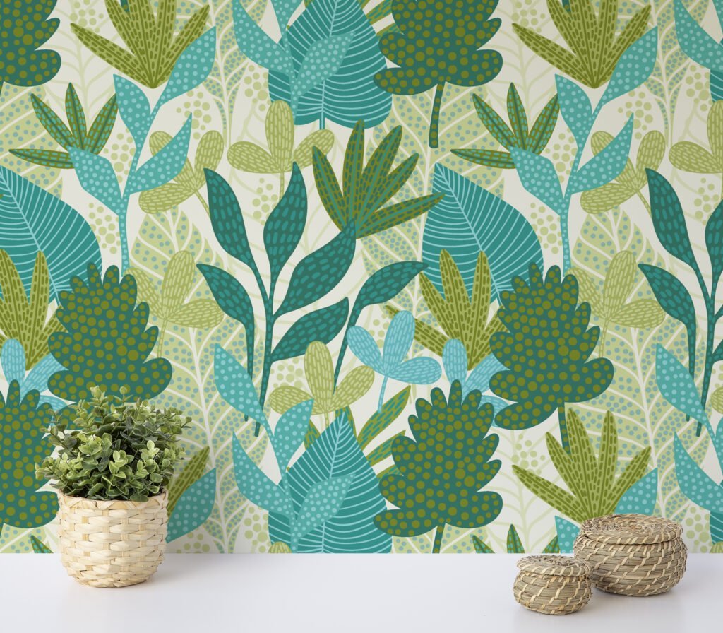 Tropical Abstract Green Leaves Illustration Wallpaper, Botanical Nature Peel & Stick Wall Mural