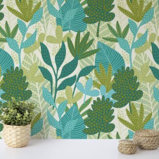 Tropical Abstract Green Leaves Illustration Wallpaper, Botanical Nature Peel & Stick Wall Mural