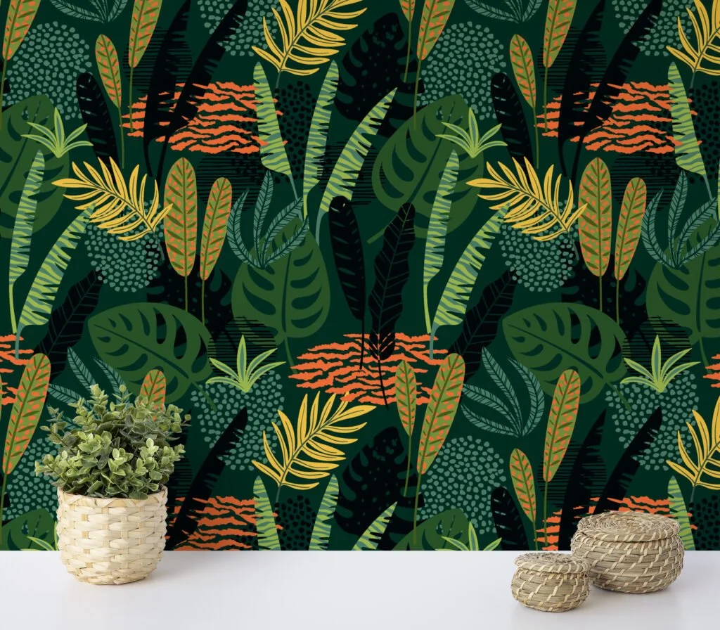 Green Flat Art Leaves Illustration Wallpaper, Lush Botanical Patterns Peel & Stick Wall Mural